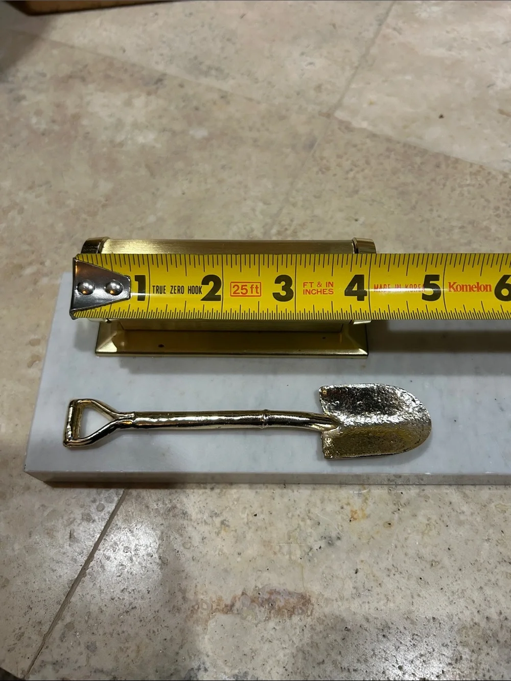 Vintage Brass Desk Perpetual Calendar with Marble Base and Shovel Accent